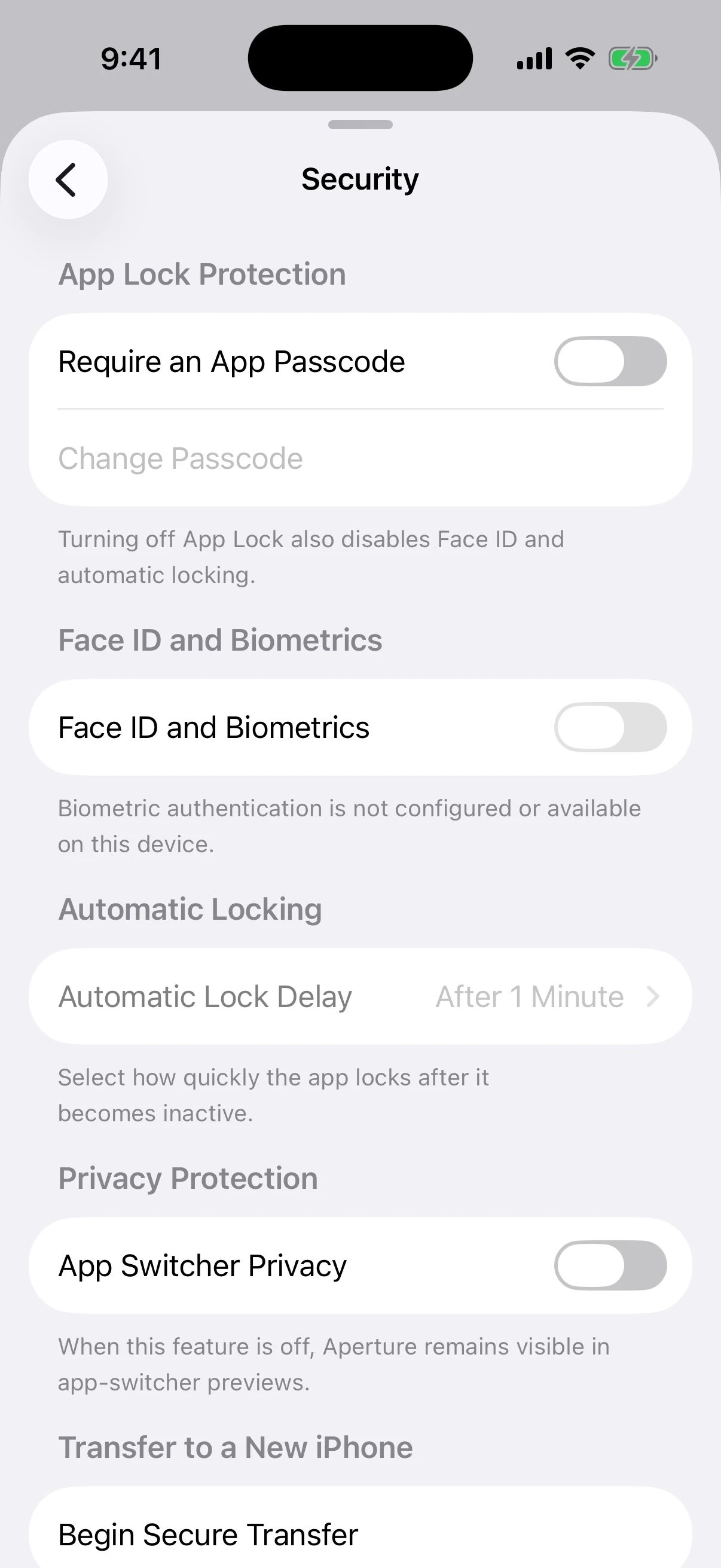 Oath’s layered Security controls Real Oath Security settings in the iOS Simulator with App Lock, biometrics, automatic locking, privacy, and secure transfer controls