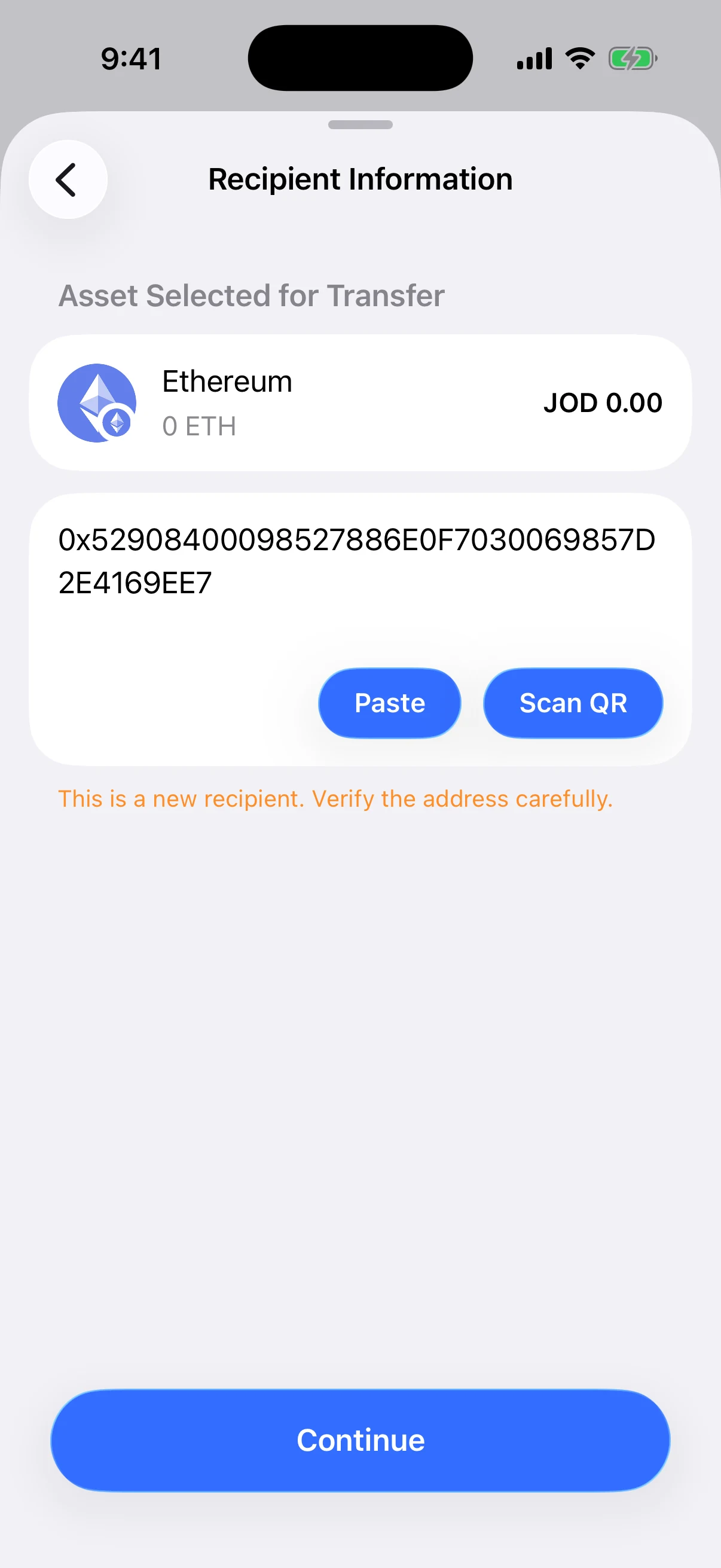 A real checksummed recipient validation Oath Recipient Information screen validating a public EIP-55 example address and warning that it is a new recipient