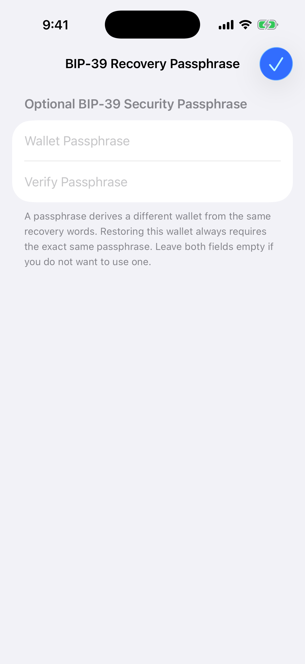 Oath wallet creation form with secure passphrase and verification fields