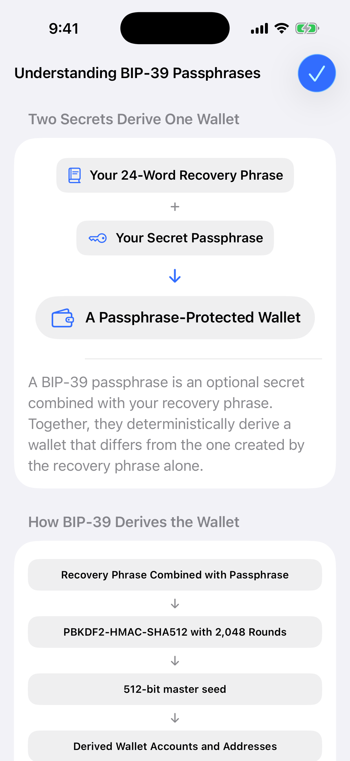 Oath BIP-39 guide showing two secrets deriving one wallet and the seed derivation process