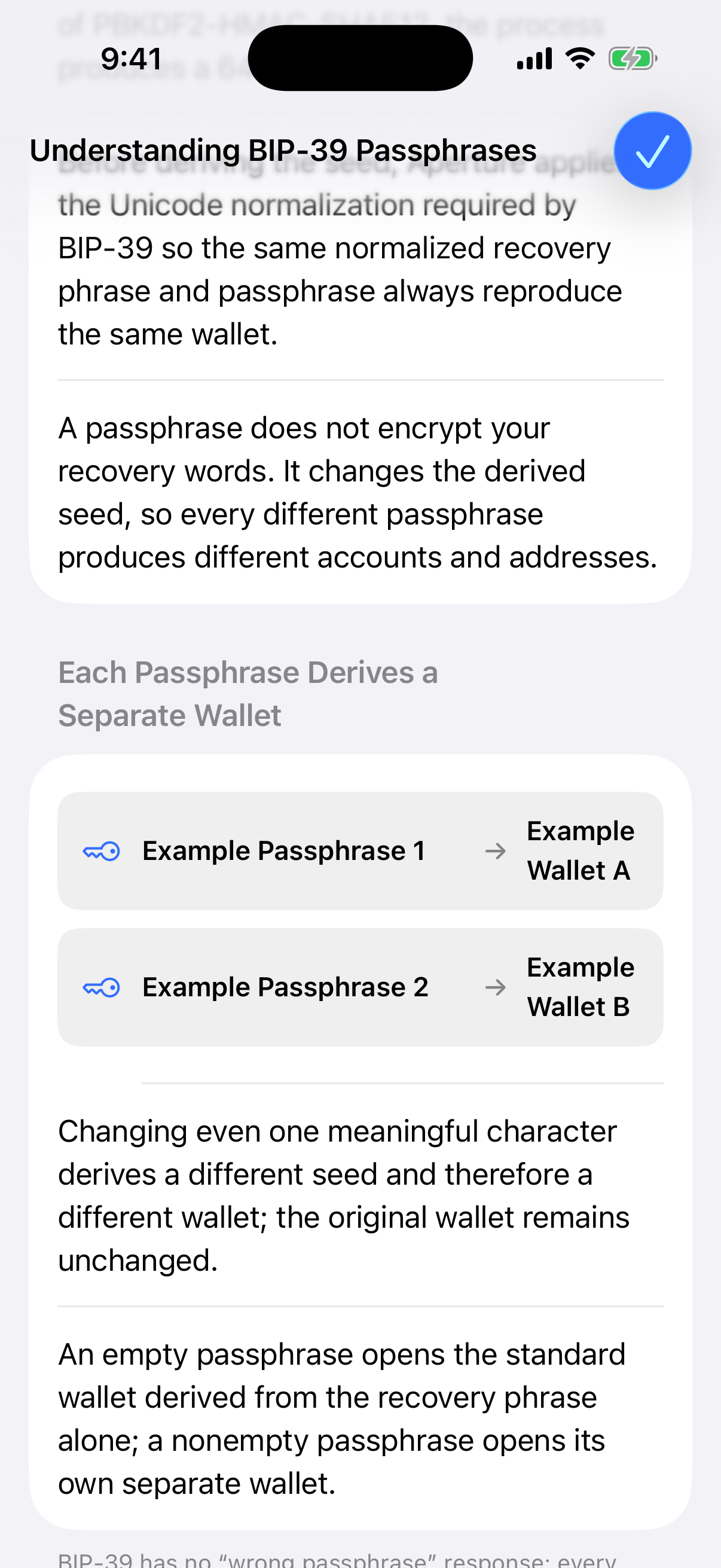 Oath BIP-39 guide showing two passphrases deriving two separate wallets
