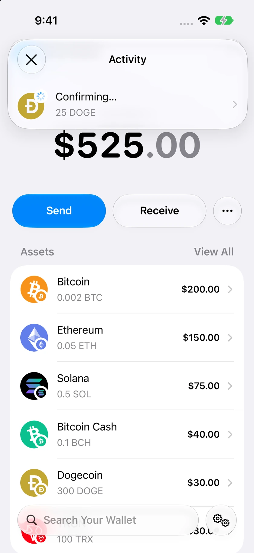 Oath Activity showing a confirming transaction, amount, status badge, and disclosure arrow.
