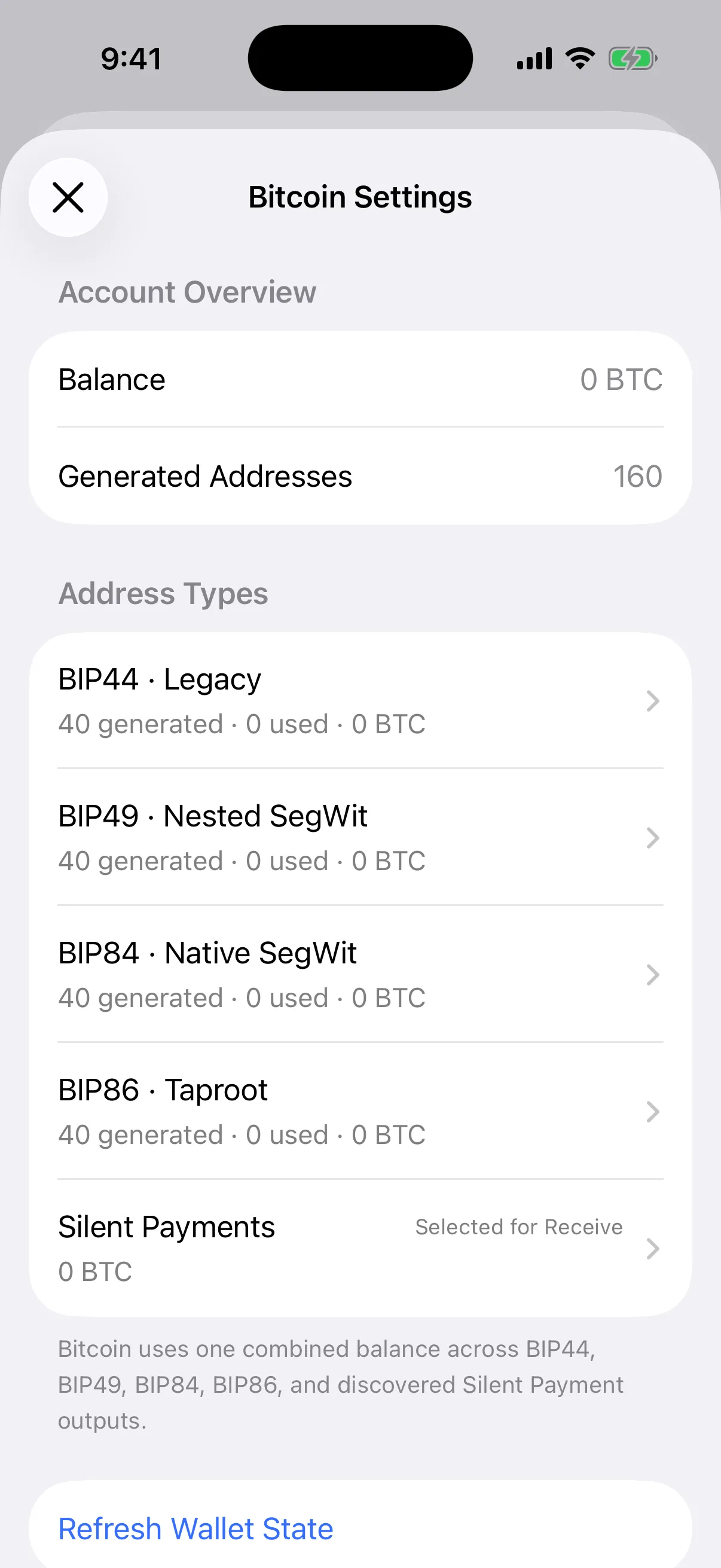 Real Oath Bitcoin Settings screen in the iOS Simulator showing conventional address accounts and a selected Silent Payments account in one wallet