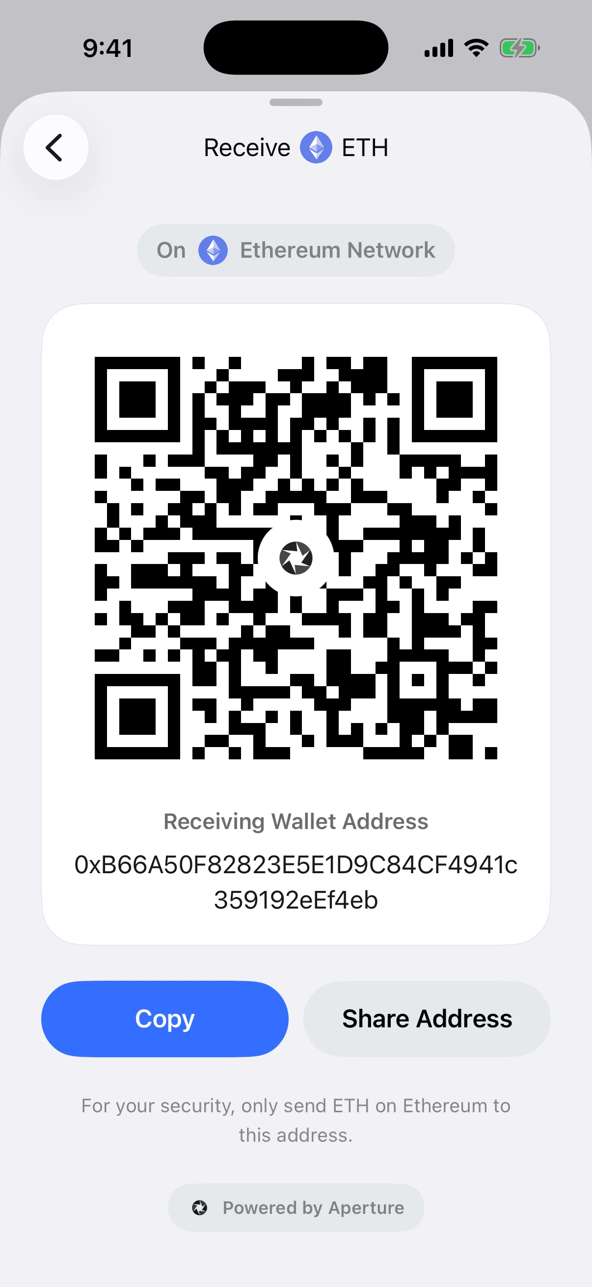 The article-only EVM address on Ethereum Real Oath Ethereum receive screen in the iOS Simulator with an explicit Ethereum Network label and public article-only test address