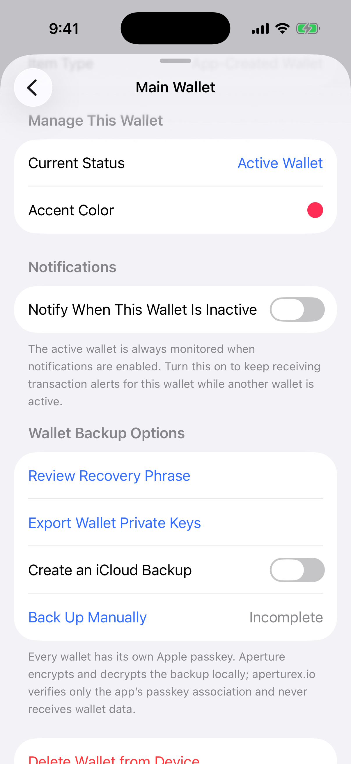 Oath’s real wallet backup controls Oath wallet settings showing iCloud Backup and manual backup options