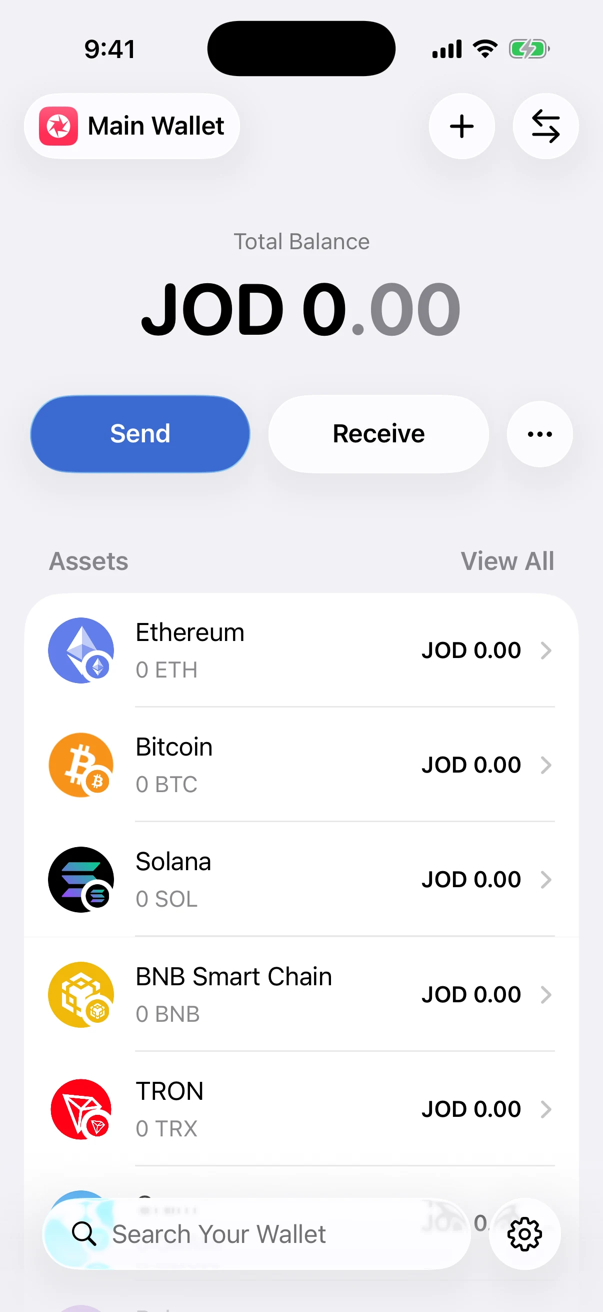 One portfolio, several mainnet asset identities Real Oath home screen in the iOS Simulator showing Ethereum, Bitcoin, Solana, BNB Smart Chain, and TRON assets in one wallet