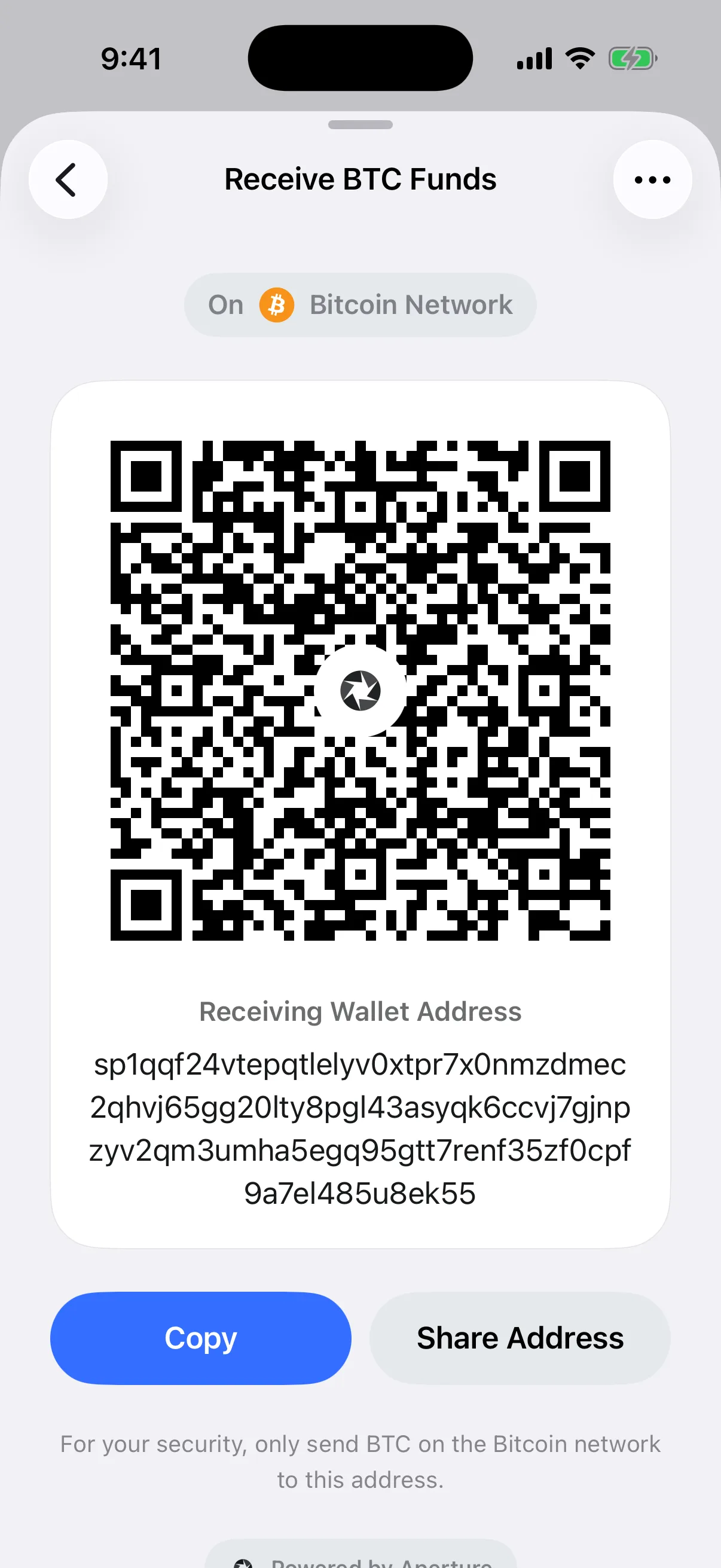 Real Oath Receive BTC screen in the iOS Simulator showing a reusable mainnet Silent Payment address beginning with sp1