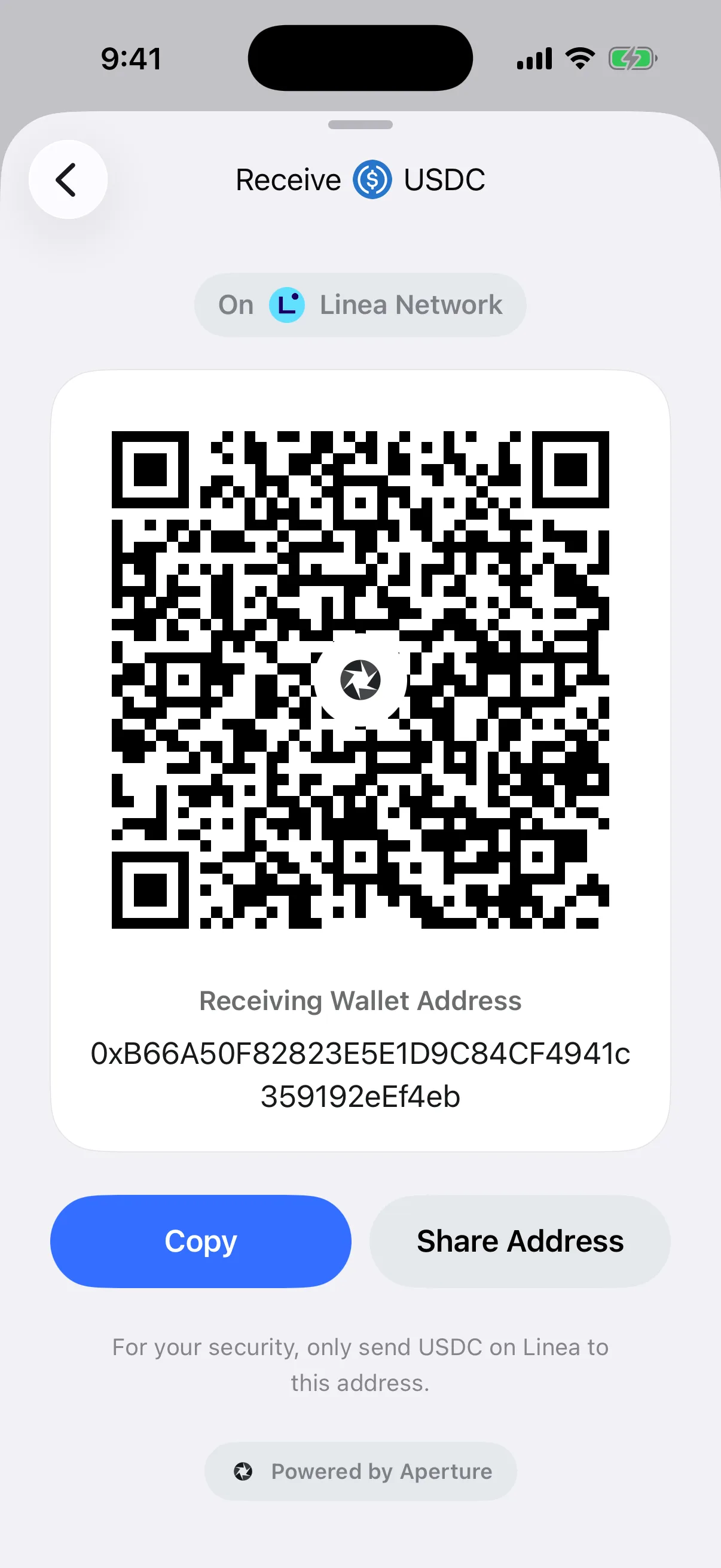 USDC on Linea with the address and network together Real Oath USDC receive card in the iOS Simulator labeled for Linea with QR code, public address, and network warning