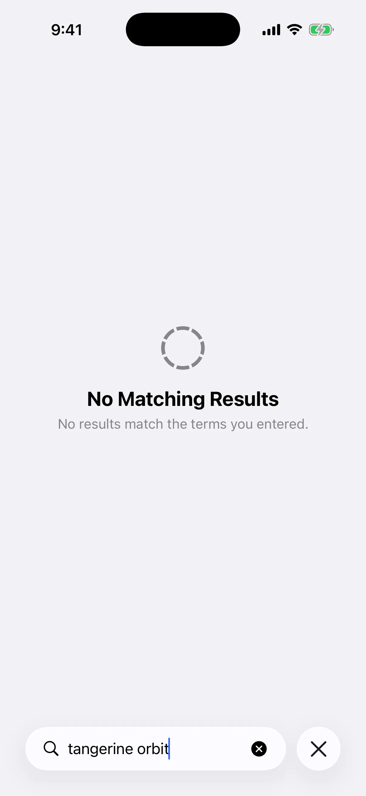 The real unmatched-query state Real Oath Universal Search no-results state in the iOS Simulator for an unmatched two-term query