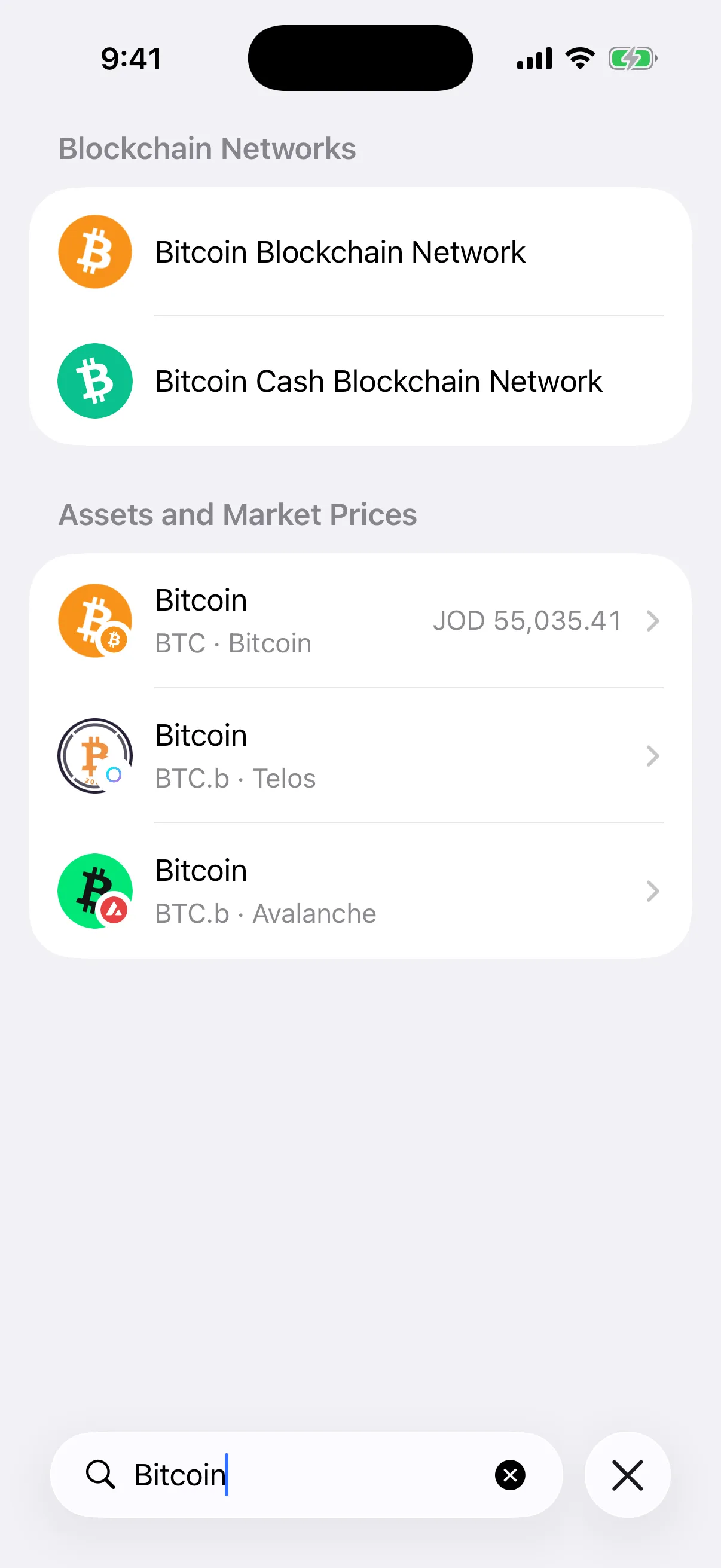 Bitcoin across network and asset result domains Real Oath Universal Search results in the iOS Simulator for Bitcoin across blockchain networks, assets, and market prices