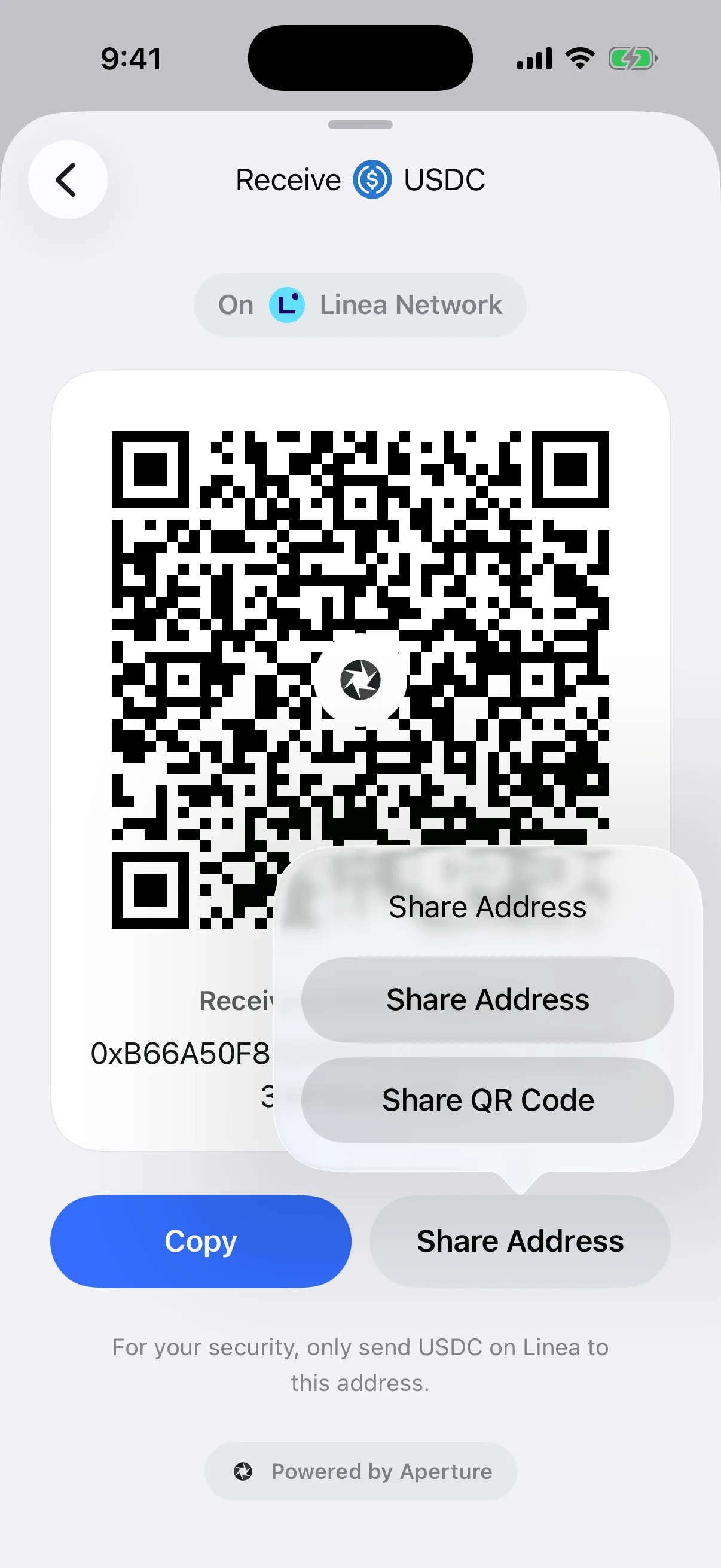 Choose the representation that fits the channel Real Oath receive sharing menu in the iOS Simulator offering Share Address and Share QR Code