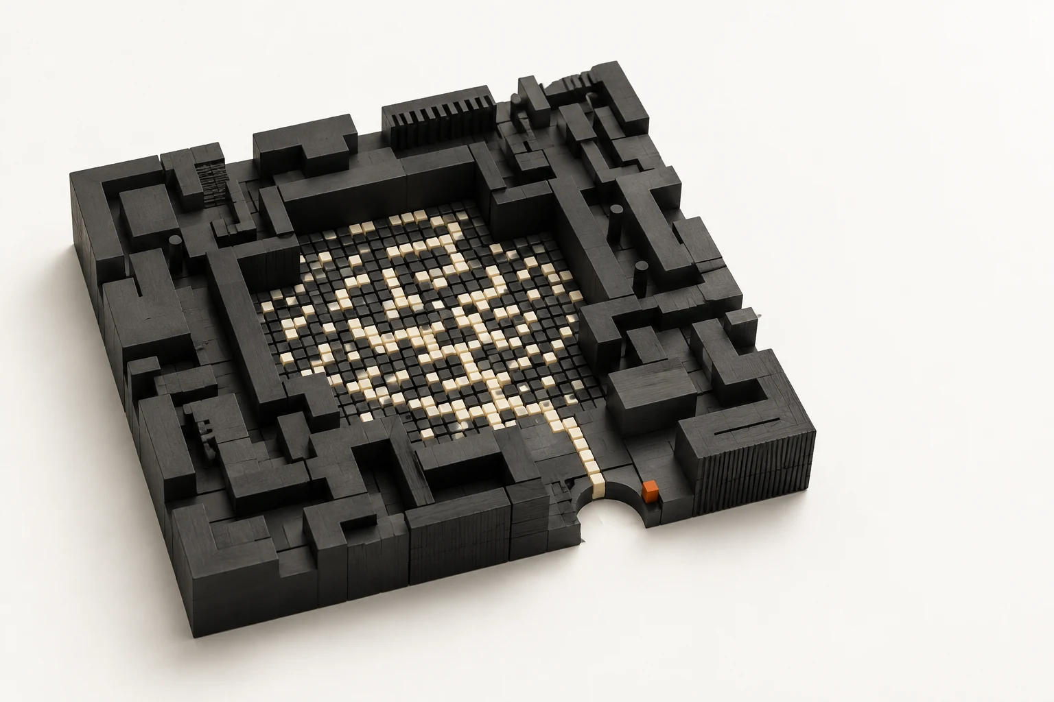 Editorial sculpture of a dense graphite maze surrounding a field of random tiles, with one predictable path escaping through the enclosure