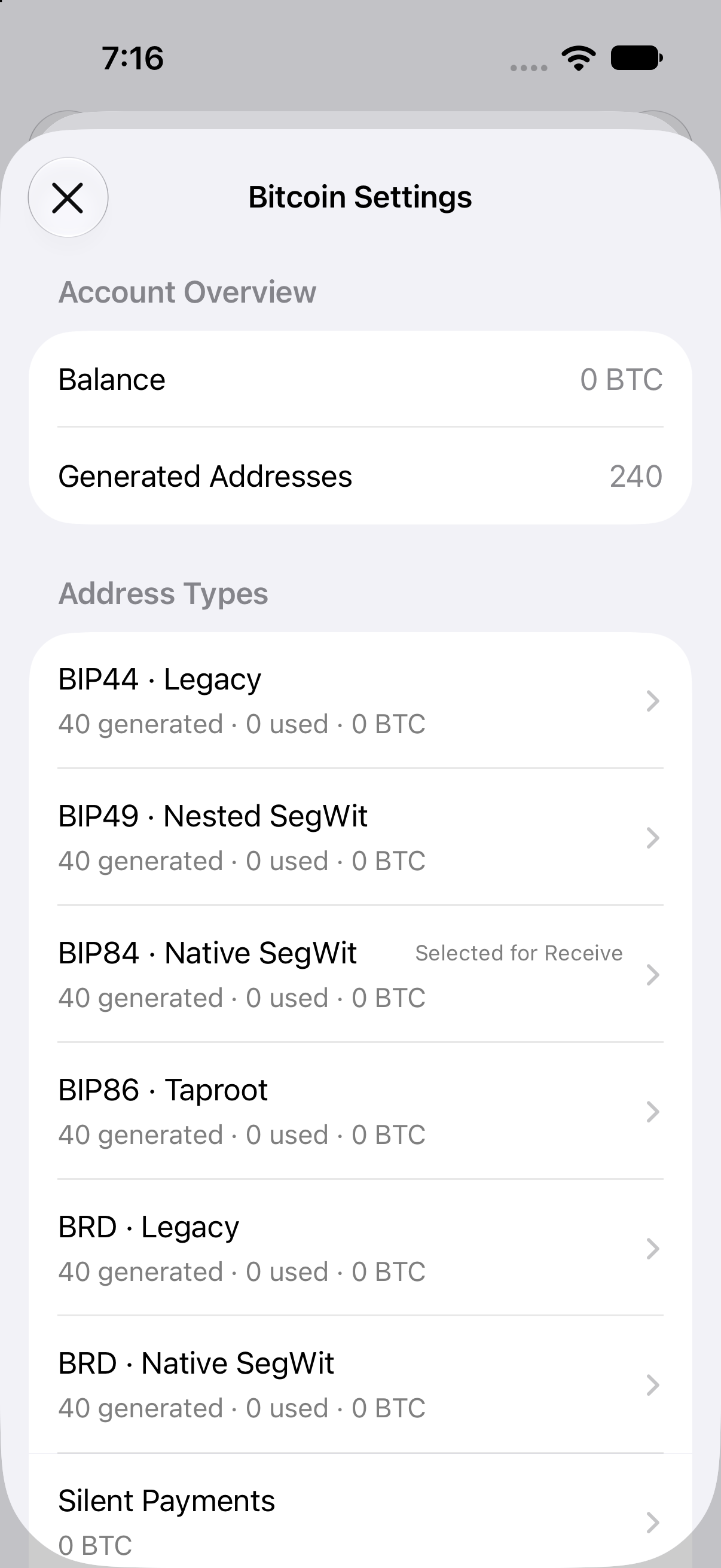 A full recovery-phrase demonstration wallet in 3.5.4 (55). BRD Legacy and BRD Native SegWit appear beside the standard families. The generated-address count belongs to this empty example, not every wallet. Oath Bitcoin Settings lists Legacy, Nested SegWit, Native SegWit, Taproot, BRD Legacy, BRD Native SegWit, and Silent Payments.