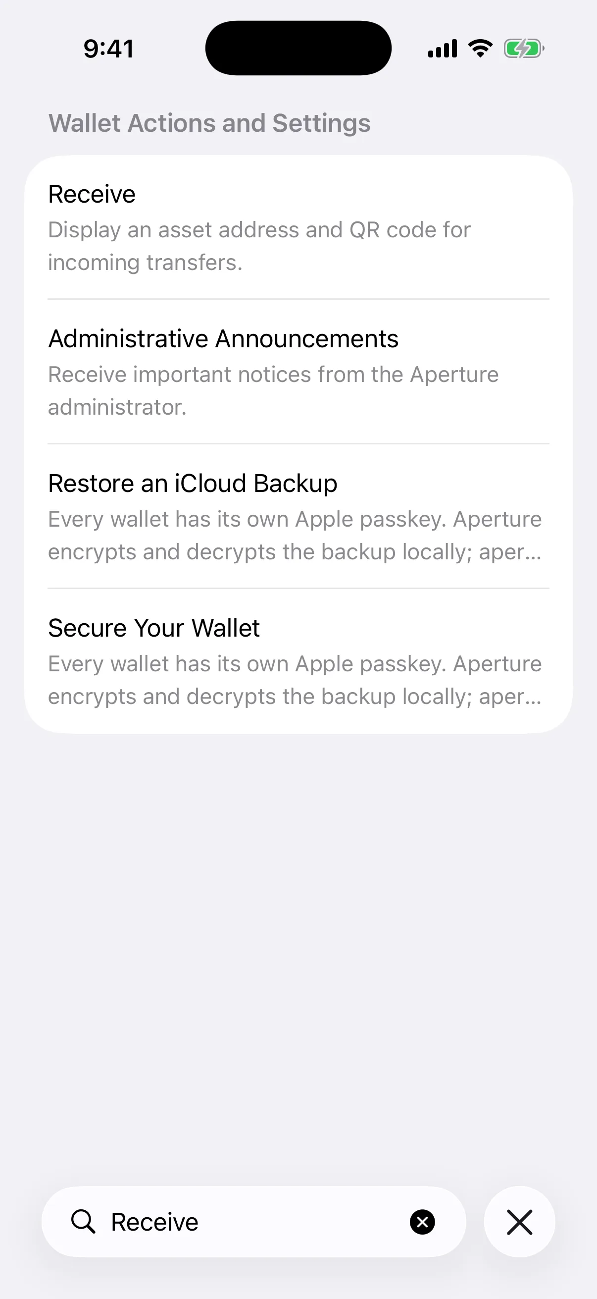 A task query finds a direct action and related settings Real Oath Universal Search results in the iOS Simulator for Receive, including the Receive action and related settings