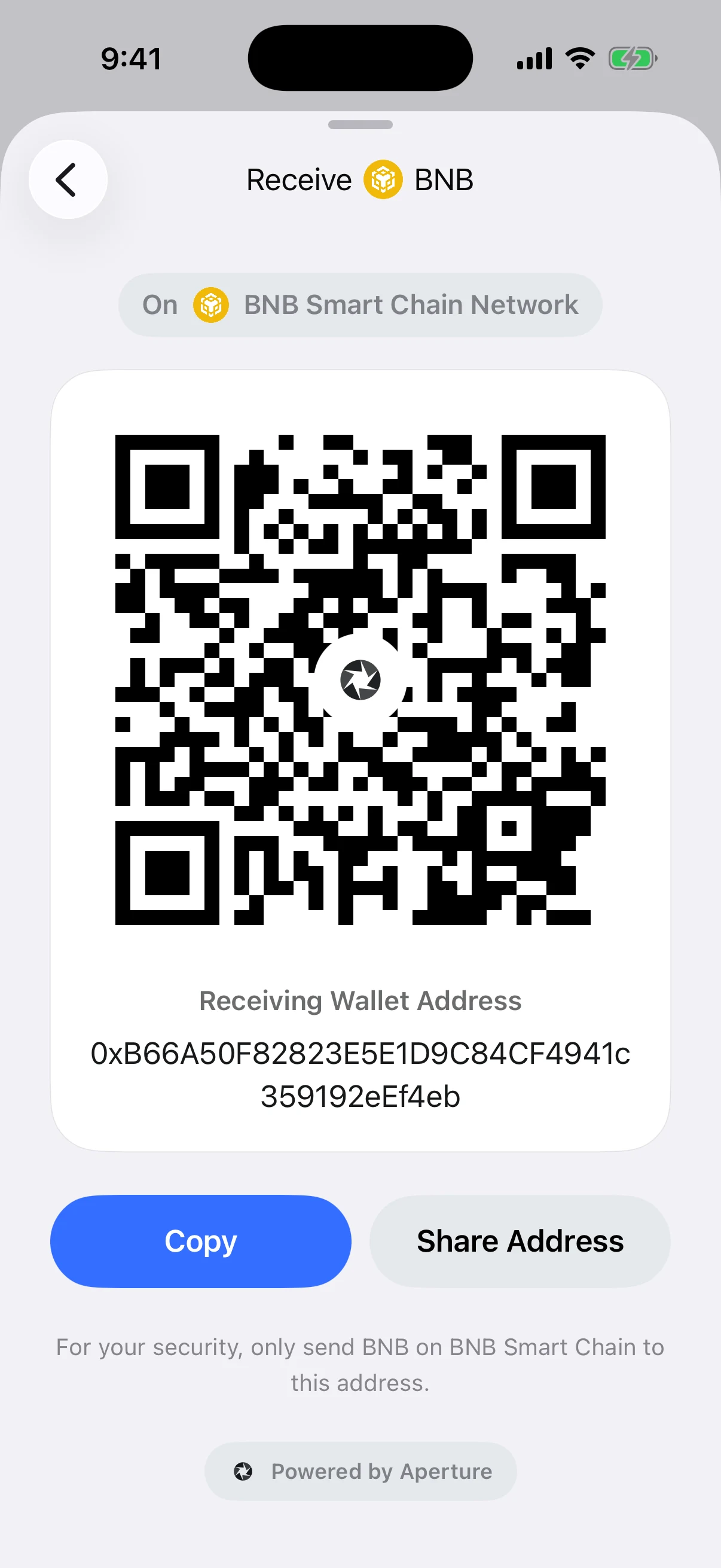 The same validated EVM address on BNB Smart Chain Real Oath BNB receive screen in the iOS Simulator with an explicit BNB Smart Chain Network label and the same validated EVM test address