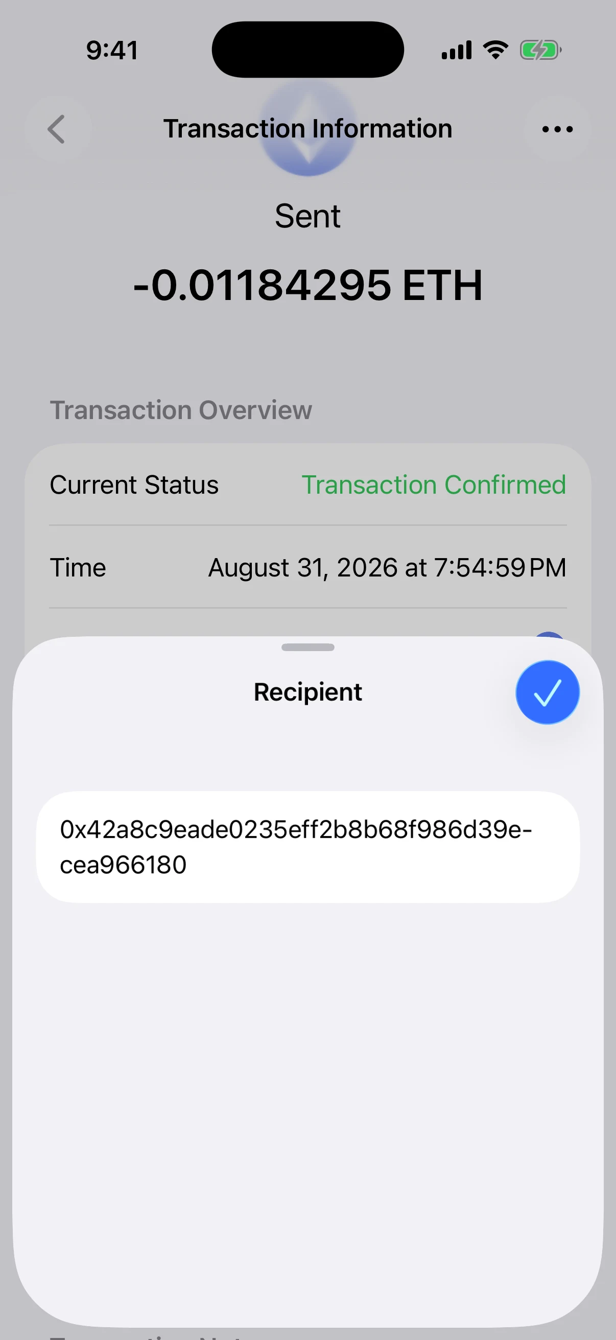Open the complete recipient address instead of trusting the shortened row Real Oath Recipient sheet showing the complete public Ethereum destination address