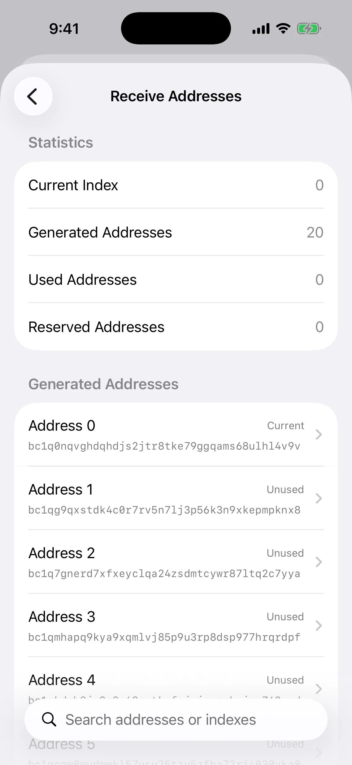 The ordered BIP84 receive-address window Real Oath Receive Addresses screen in the iOS Simulator showing the current BIP84 address and an ordered pool of unused public addresses