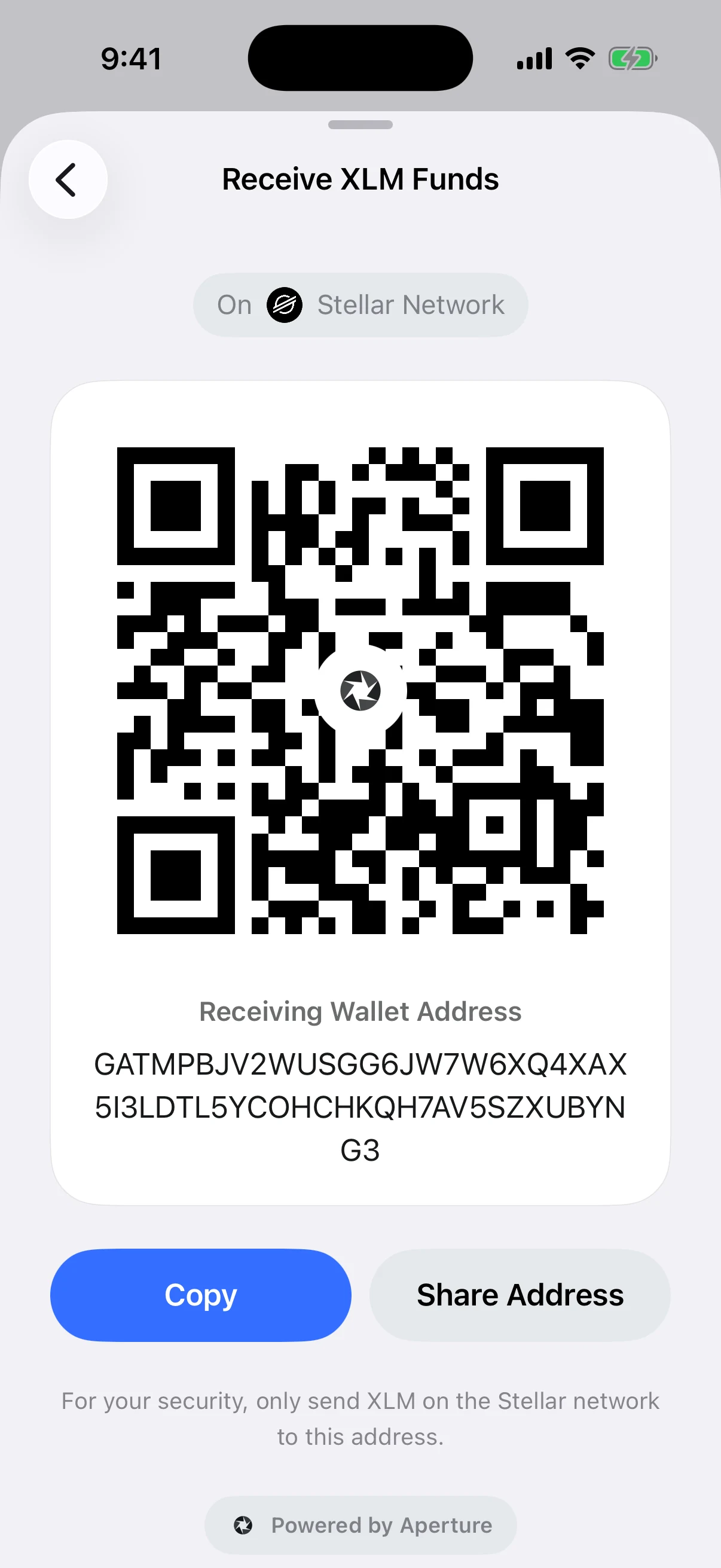 A chain-specific Stellar account in the same wallet Real Oath Stellar receive screen in the iOS Simulator with a Stellar-specific public address and network safety instruction
