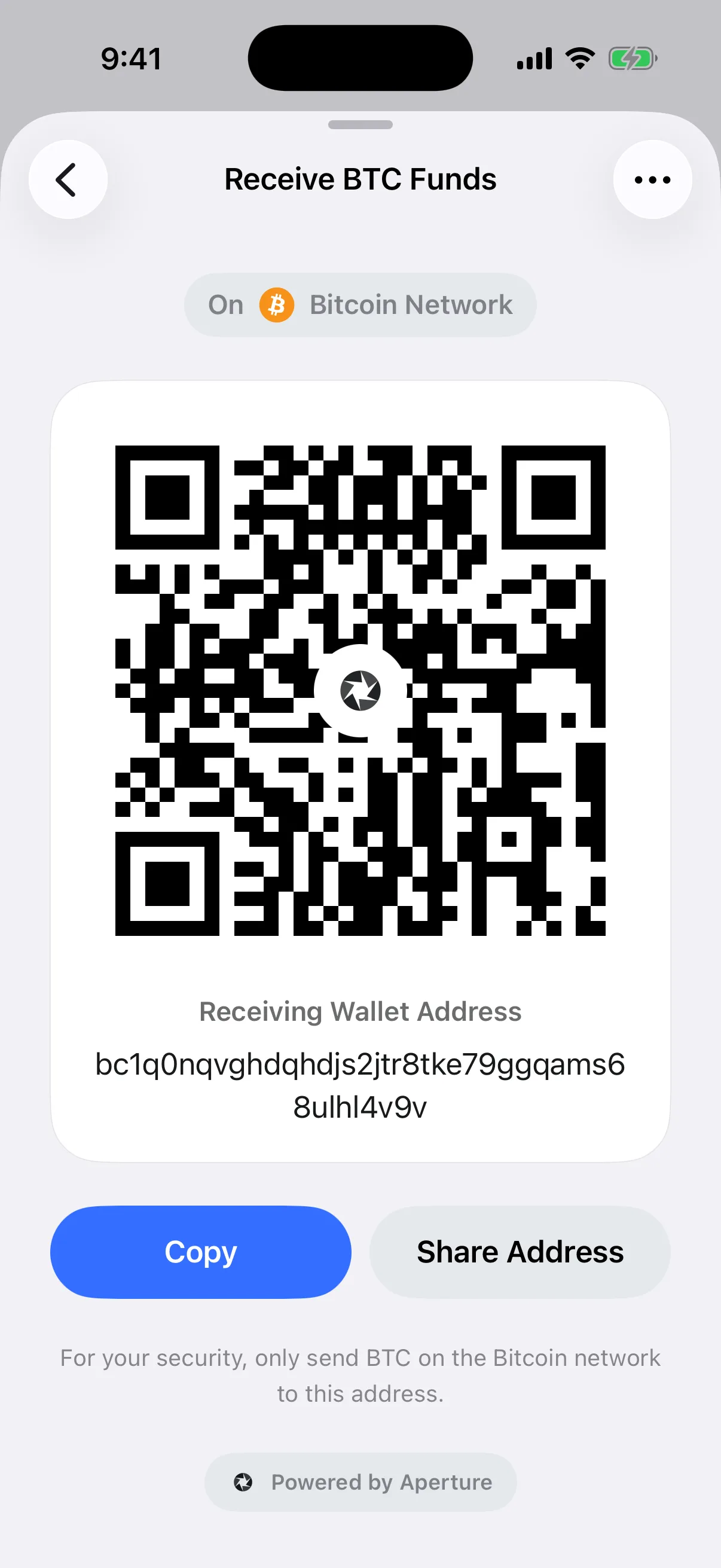 A fresh Bitcoin receive address in the production flow Real Oath Bitcoin receive card in the iOS Simulator with a fresh Native SegWit address and Bitcoin QR code