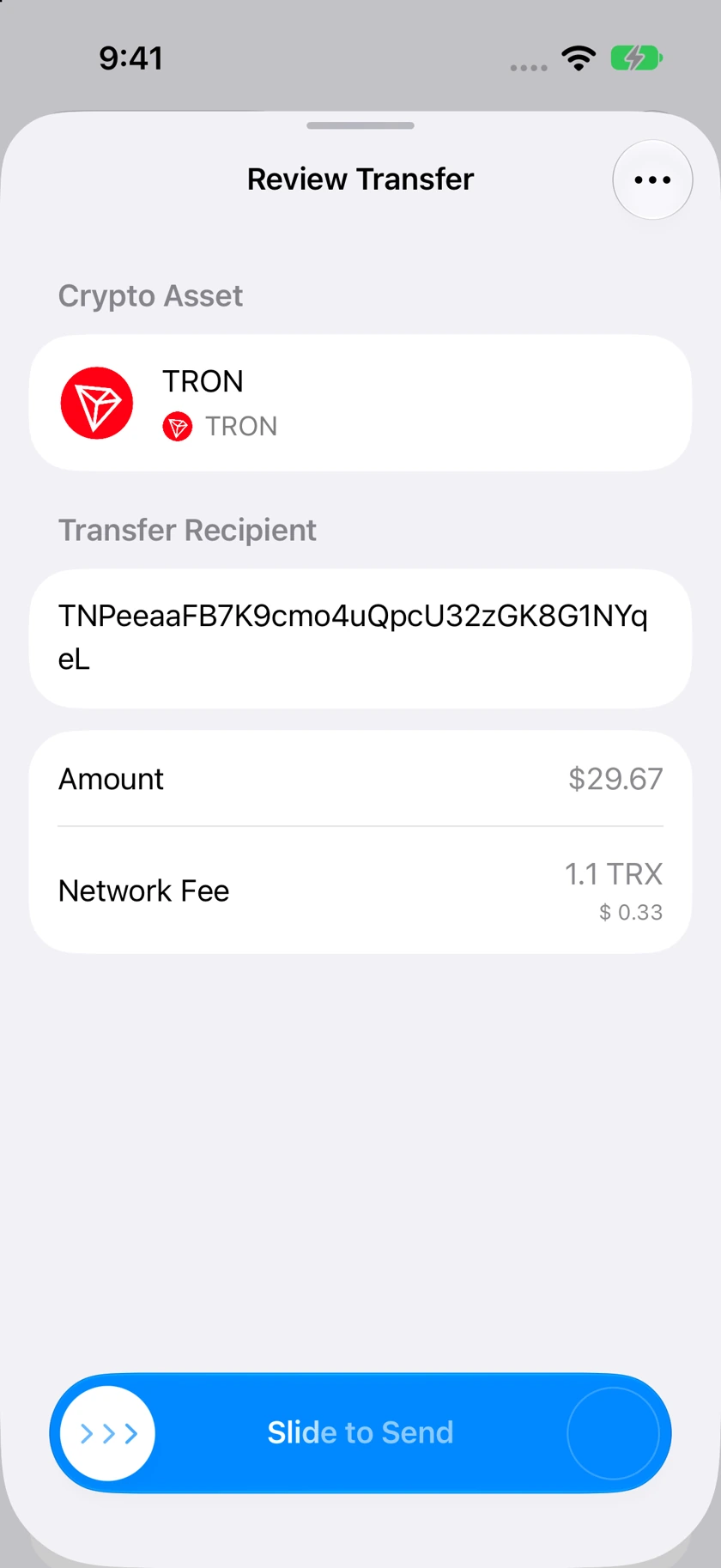 TRON Review Transfer showing a demonstration amount and network fee.