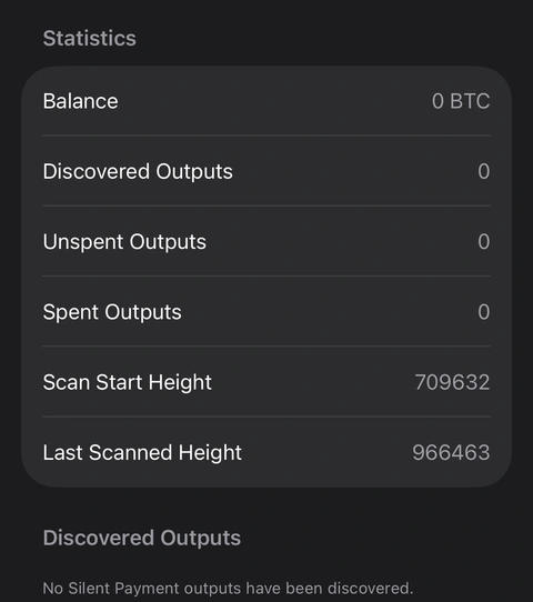 The Silent Payments statistics from the demonstration wallet. Its reusable address and QR are excluded; scan heights are a snapshot, not a current network-height promise. Cropped real Oath Silent Payments statistics, including output counts and scan heights for an empty wallet.
