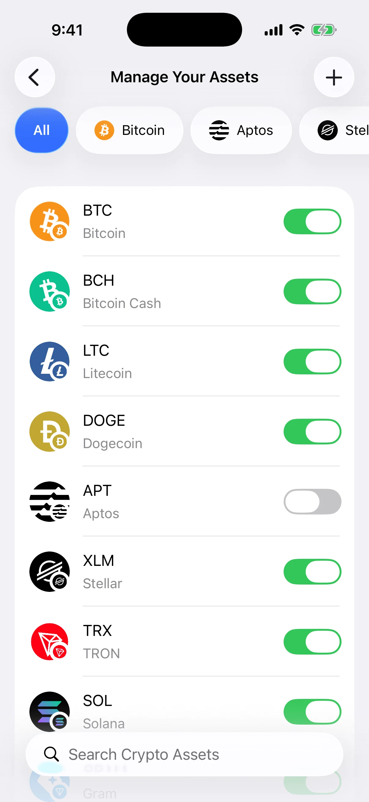 Open Manage Your Assets and start the custom-token flow Real Oath Manage Your Assets screen in the iOS Simulator with the custom-token add control