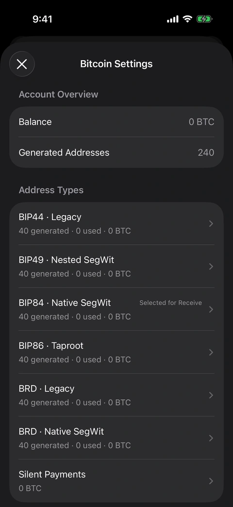The empty demonstration wallet starts with 240 generated addresses. Each ordinary family has its own receive and change inventory. Bitcoin Settings in Oath, showing six address families and Silent Payments.