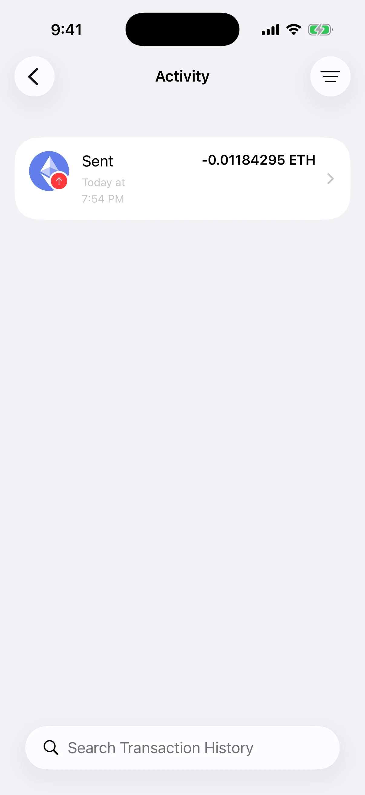 Open the real transaction from Oath Activity Real Oath Activity screen in the iOS Simulator showing a confirmed public Ethereum mainnet send