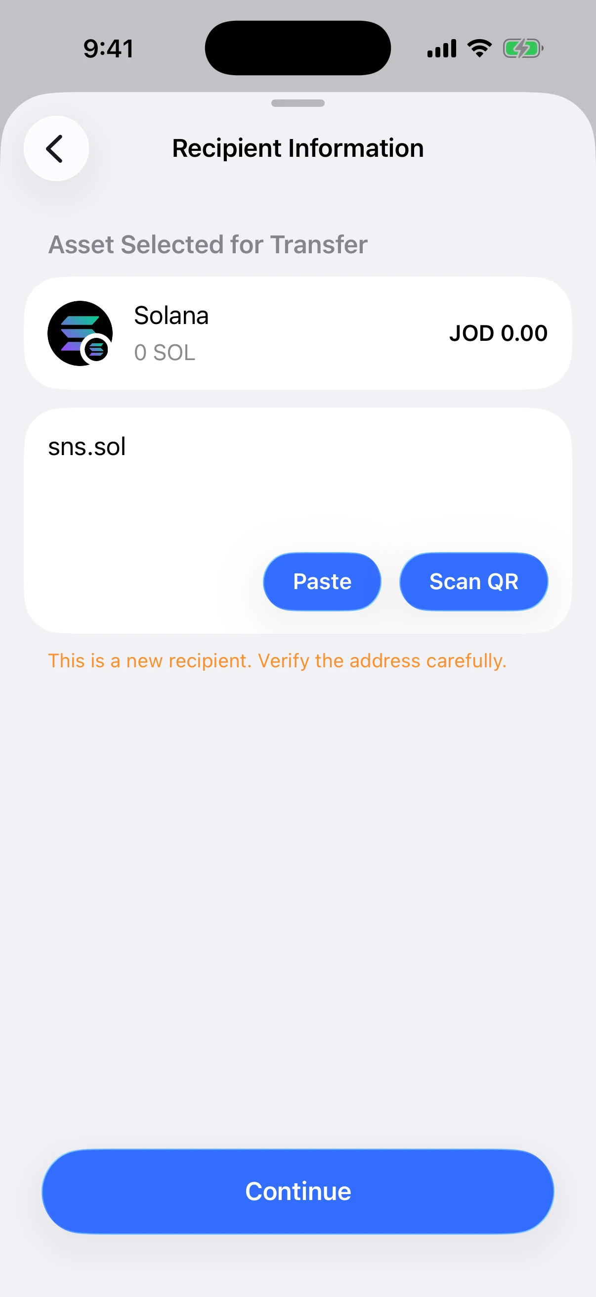 Resolve a real .sol recipient on Solana Real Oath iOS Simulator screen showing sns.sol successfully resolved for a Solana transfer with Continue enabled