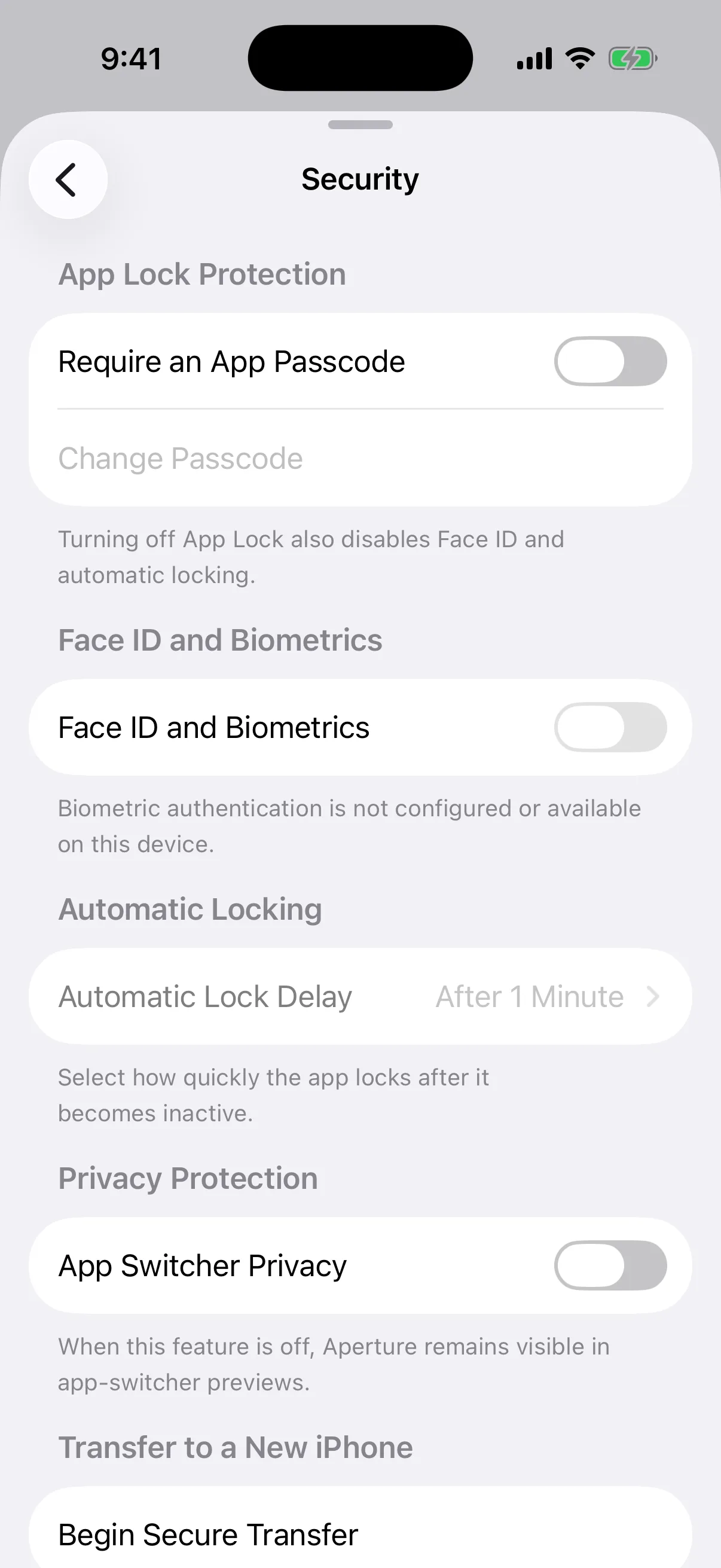 The real Security screen opened from Universal Search Real Oath Security settings destination opened from Universal Search in the iOS Simulator